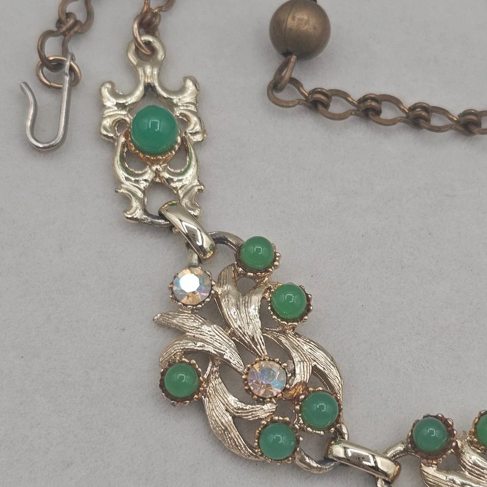 Vintage Necklace Gold Tone Green with Aurora Borealis Rhinestones